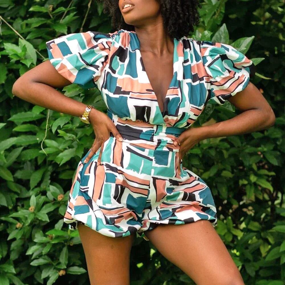 Mulla Multicolor Retro Abstract Geometric Puff Sleeve Romper Size M